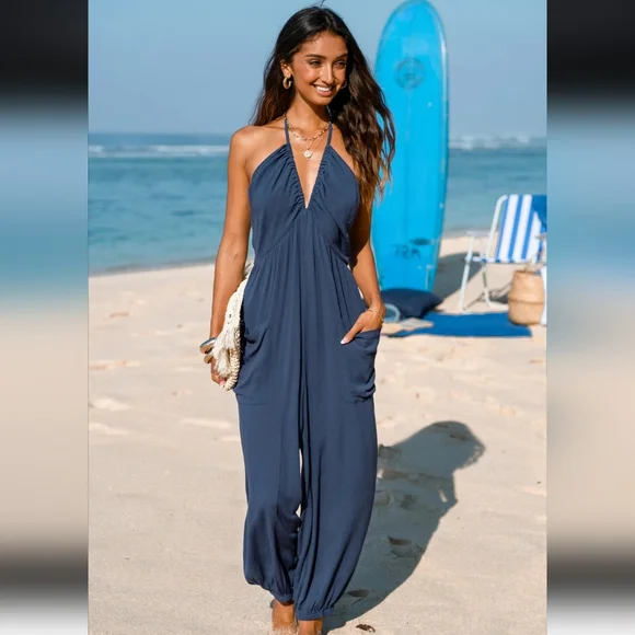 Cupshe Navy Halter Wide-Leg Jumpsuit with Pockets - Picture 1 of 12